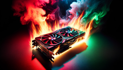 DALLE-2023-10-27-12.32.39---Hyper-realistic-photo-of-a-graphics-card-on-fire-with-red-green-and-blue-lights-casting-dynamic-shadows-in-the-background-highlighting-the-intensi.png