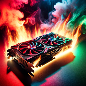 DALLE-2023-10-27-12.32.39---Hyper-realistic-photo-of-a-graphics-card-on-fire-with-red-green-and-blue-lights-casting-dynamic-shadows-in-the-background-highlighting-the-intensi