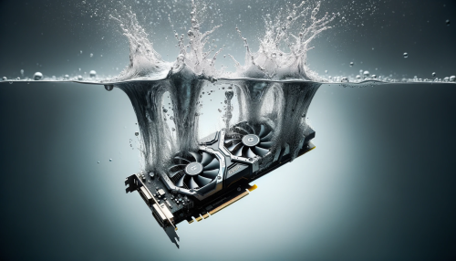 DALL·E 2023 10 27 12.33.06 Hyper realistic photo of a graphics card dropping into a pool of water, w