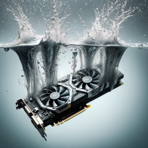DALLE-2023-10-27-12.33.06---Hyper-realistic-photo-of-a-graphics-card-dropping-into-a-pool-of-water-with-droplets-splashing-upwards.-The-moment-of-impact-is-captured-showing-the
