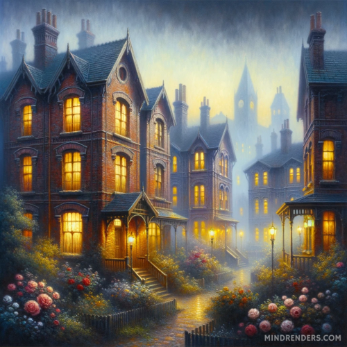 DALLE-2023-10-30-09.39.18---Oil-painting-of-a-remote-Victorian-era-village-during-a-misty-evening.-Tall-brick-buildings-their-detailed-facades-almost-obscured-by-the-thick-fog.png