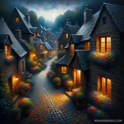 DALL·E 2023 10 30 09.39.22 Oil painting of a secluded medieval village at dusk. Cobblestone streets 