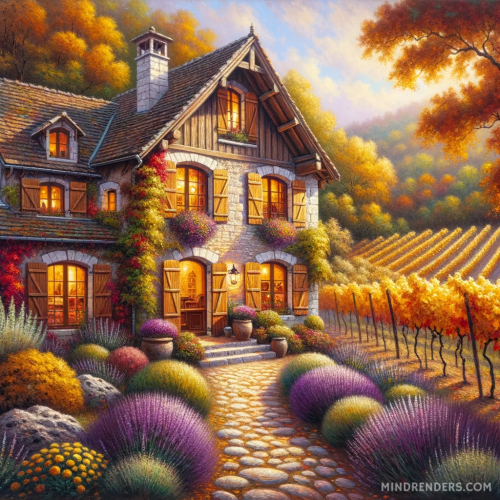 DALL·E 2023 10 30 09.39.33 Oil painting of a cozy French farmhouse in a vineyard during autumn. The 