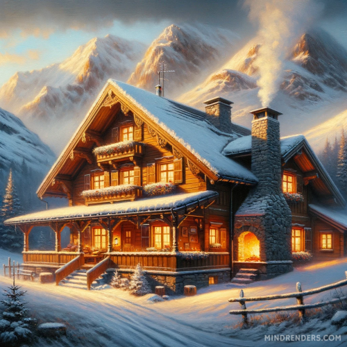 DALLE-2023-10-30-09.39.41---Oil-painting-of-a-cozy-Alpine-chalet-during-a-winter-evening.-The-wooden-structure-covered-in-a-light-blanket-of-snow-stands-against-a-backdrop-of-s.png