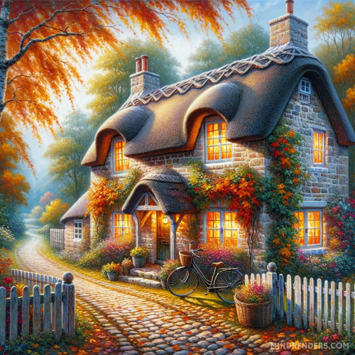 DALLE-2023-10-30-09.39.43---Oil-painting-of-a-quaint-English-cottage-in-the-countryside-during-fall.-The-stone-cottage-surrounded-by-a-picket-fence-features-a-thatched-roof-and.png