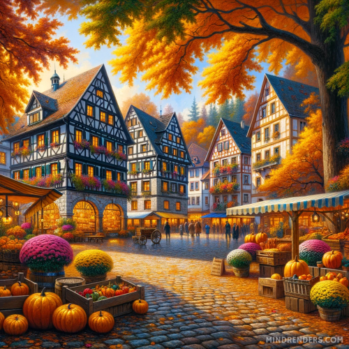 DALLE-2023-10-30-09.39.52---Oil-painting-of-a-picturesque-Bavarian-town-square-in-the-heart-of-fall.-Cobblestone-streets-are-lined-with-half-timbered-houses-their-windows-glowin.png