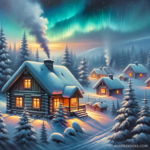 DALLE-2023-10-30-09.40.06---Oil-painting-of-a-tranquil-Nordic-village-blanketed-in-snow-during-twilight.-Wooden-cabins-with-smoke-rising-from-their-chimneys-stand-amidst-snow-cov