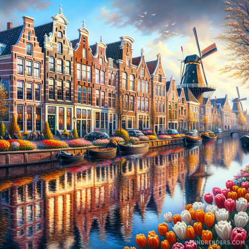 DALL·E 2023 10 30 09.40.11 Oil painting of a picturesque Dutch canal town during springtime. Brick b