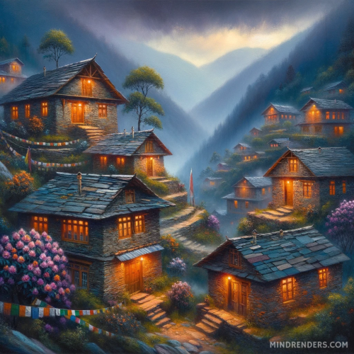 DALL·E 2023 10 30 09.40.15 Oil painting of a mystical Himalayan mountain village during twilight. St
