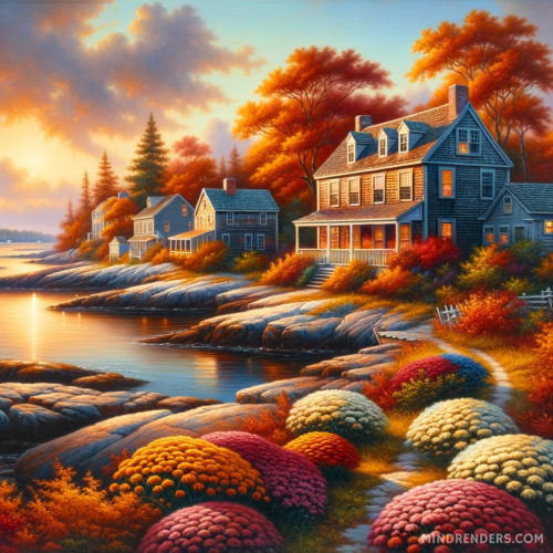 DALL·E 2023 10 30 09.40.34 Oil painting of a serene New England coastal village during autumn. Colon