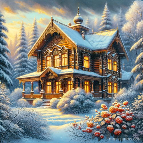 DALL·E 2023 10 30 09.40.39 Oil painting of a majestic Russian dacha in the midst of winter. The wood