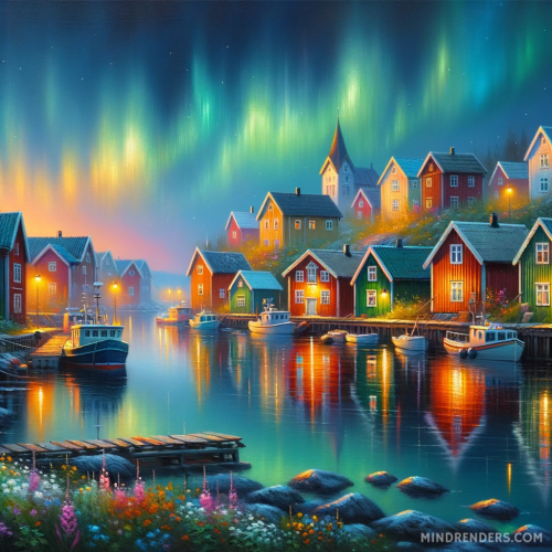 DALLE-2023-10-30-09.40.43---Oil-painting-of-a-serene-Scandinavian-fishing-village-during-the-blue-hour.-Colorful-wooden-houses-are-reflected-in-the-still-waters-of-the-harbor-th.png