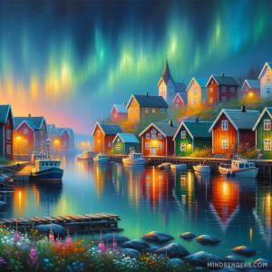 DALLE-2023-10-30-09.40.43---Oil-painting-of-a-serene-Scandinavian-fishing-village-during-the-blue-hour.-Colorful-wooden-houses-are-reflected-in-the-still-waters-of-the-harbor-th