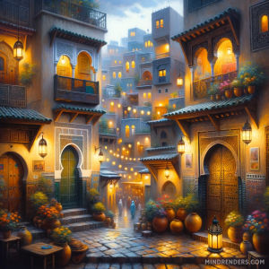DALLE-2023-10-30-09.41.00---Oil-painting-of-a-mesmerizing-Moroccan-medina-at-twilight.-Winding-alleyways-reveal-traditional-riads-with-ornate-doors-their-windows-casting-a-soft