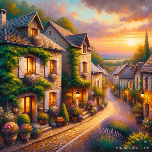 DALL·E 2023 10 30 09.41.06 Oil painting of a quaint French countryside town at sunset. Stone cottage