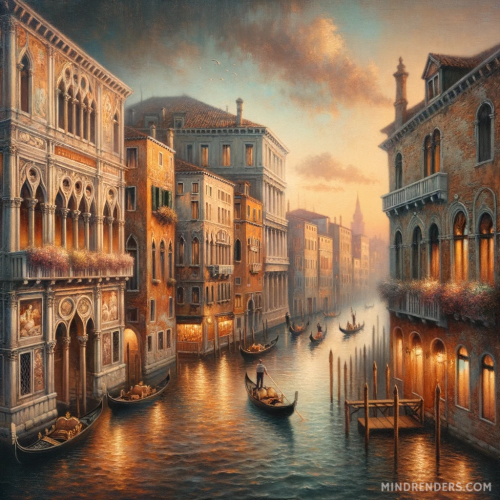 DALL·E 2023 10 30 09.41.13 Oil painting of a romantic Venetian canal during the early evening. Histo