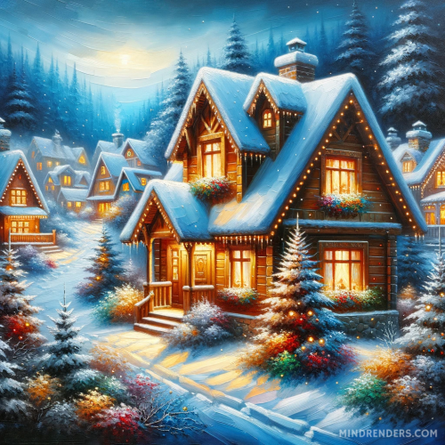 DALL·E 2023 10 30 09.41.16 Oil painting of a captivating winter village at twilight. Wooden cottages