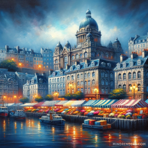 DALLE-2023-10-30-09.41.21---Oil-painting-of-a-bustling-port-city-during-the-blue-hour.-Grand-stone-buildings-with-ornate-facades-line-the-harbor-their-windows-emitting-a-comfort.png
