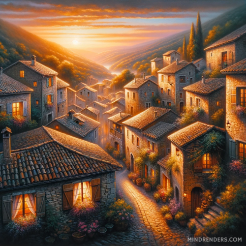 DALL·E 2023 10 30 09.41.25 Oil painting of an old European hamlet nestled in a valley during sunset.