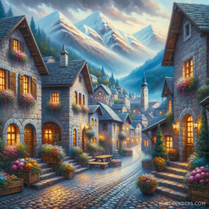 DALLE-2023-10-30-09.41.28---Oil-painting-of-a-medieval-town-at-the-foot-of-snow-capped-mountains.-Cobblestone-streets-wind-through-stone-buildings-their-windows-emitting-a-soft