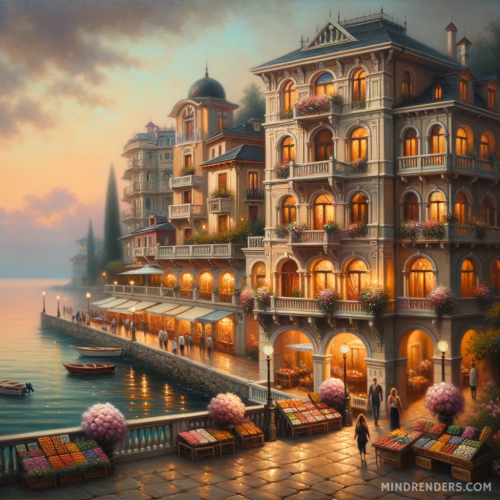 DALL·E 2023 10 30 09.41.34 Oil painting of a seaside town bathed in the soft light of twilight. Eleg