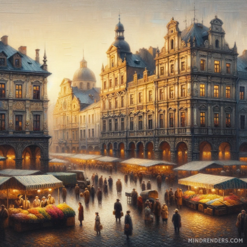 DALLE-2023-10-30-09.41.39---Oil-painting-of-a-bustling-market-square-in-an-old-world-city-during-the-early-evening.-Historic-buildings-with-intricate-details-surround-the-square.png