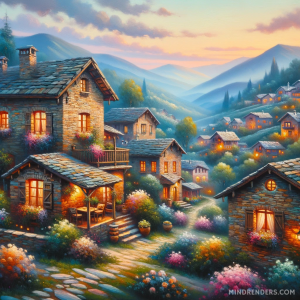 DALLE-2023-10-30-09.41.43---Oil-painting-of-a-picturesque-mountain-village-during-dusk.-Stone-built-homes-with-rustic-charm-are-scattered-across-the-landscape-their-windows-eman