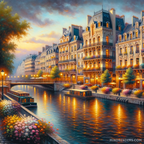 DALL·E 2023 10 30 09.41.44 Oil painting of a serene riverside town in the evening glow. Elaborate bu