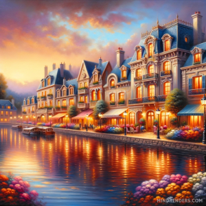 DALLE-2023-10-30-09.41.50---Oil-painting-of-a-serene-lakeside-village-at-twilight.-Stately-buildings-with-ornate-facades-line-the-shore-their-windows-radiating-a-comforting-glow