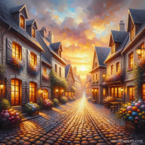 DALLE-2023-10-30-09.41.54---Oil-painting-of-a-charming-European-village-at-sunset.-Cobblestone-streets-weave-between-historic-buildings-their-windows-giving-off-a-gentle-warm-l.png