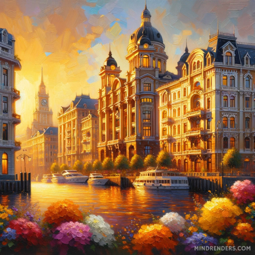 DALL·E 2023 10 30 09.41.55 Oil painting of a picturesque harbor town during the golden hour. Grand b