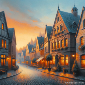 DALLE-2023-10-30-09.42.00---Oil-painting-of-a-quaint-European-village-at-dusk.-The-cobblestone-streets-are-lined-with-historic-buildings-their-windows-emitting-a-soft-warm-ligh