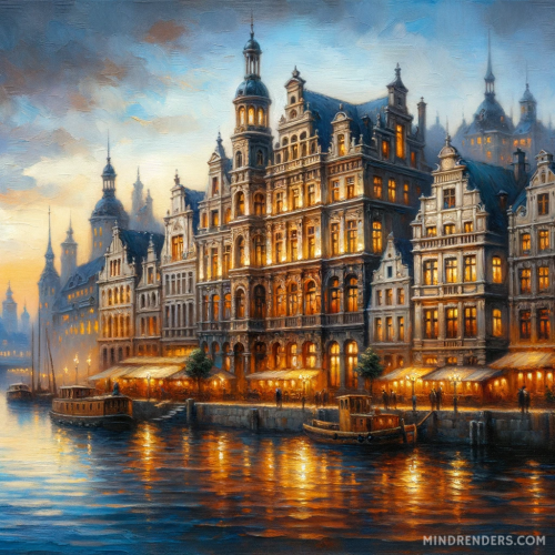 DALL·E 2023 10 30 09.42.01 Oil painting depicting a harbor town at twilight. Majestic buildings with