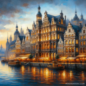 DALLE-2023-10-30-09.42.01---Oil-painting-depicting-a-harbor-town-at-twilight.-Majestic-buildings-with-intricate-architecture-stand-tall-by-the-waters-edge.-Their-windows-radiate