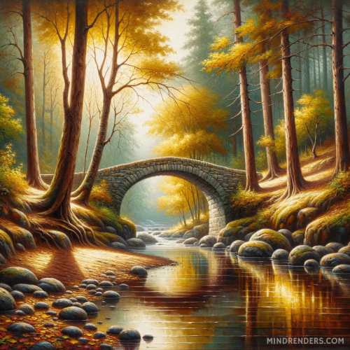 DALLE-2023-10-30-09.42.08---Oil-painting-of-a-secluded-stone-bridge-arched-over-a-gentle-stream-with-autumn-leaves-scattered-around.-Tall-trees-with-golden-foliage-stand-guard-o.png