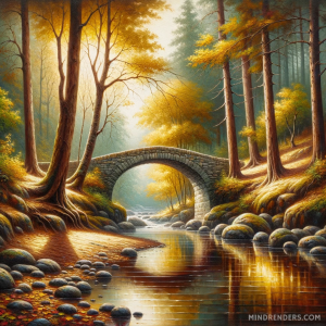 DALLE-2023-10-30-09.42.08---Oil-painting-of-a-secluded-stone-bridge-arched-over-a-gentle-stream-with-autumn-leaves-scattered-around.-Tall-trees-with-golden-foliage-stand-guard-o