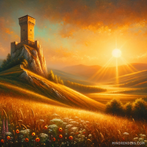 DALLE-2023-10-30-09.42.09---Oil-painting-showcasing-an-ancient-tower-perched-atop-a-hill-overlooking-a-vast-meadow-dotted-with-wildflowers.-The-setting-sun-casts-a-warm-golden.png