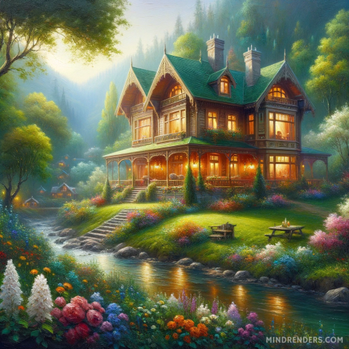 DALL·E 2023 10 30 09.42.17 Oil painting of a grand cabin situated within a verdant landscape. Soft l