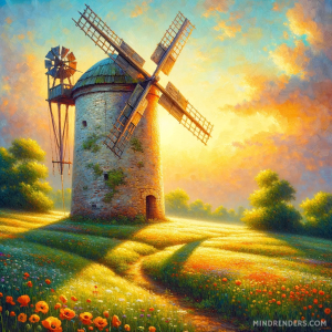 DALLE-2023-10-30-09.42.39---Oil-painting-of-an-ancient-stone-windmill-standing-tall-in-a-verdant-meadow-during-sunset.-The-structure-showing-signs-of-age-but-still-majestic-cas