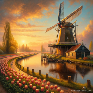 DALLE-2023-10-30-09.42.45---Oil-painting-of-a-classic-Dutch-windmill-beside-a-tranquil-canal-during-a-golden-sunset.-The-tall-wooden-structure-with-its-large-sails-catching-the