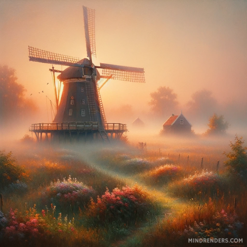 DALLE-2023-10-30-09.42.49---Oil-painting-of-a-traditional-Dutch-windmill-in-the-heart-of-a-foggy-countryside-during-dawn.-The-warm-glow-of-the-rising-sun-filters-through-the-mist.png