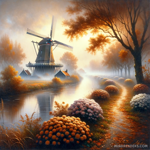 DALLE-2023-10-30-09.42.52---Oil-painting-of-a-Dutch-windmill-on-the-banks-of-a-winding-river-during-a-misty-autumn-morning.-The-warm-hues-of-fallen-leaves-carpet-the-ground-and.png