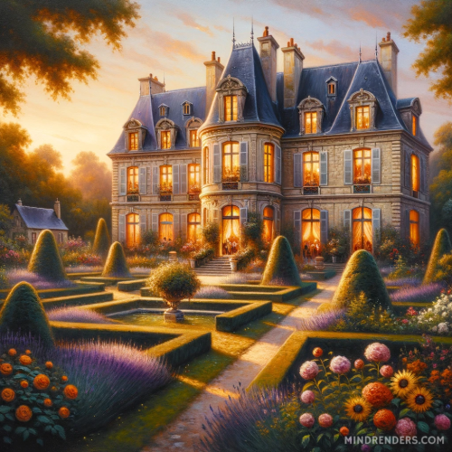 DALLE-2023-10-30-09.43.03---Oil-painting-of-an-18th-century-French-countryside-estate-at-sunset.-The-grand-stone-mansion-surrounded-by-a-carefully-manicured-garden-stands-as-a.png