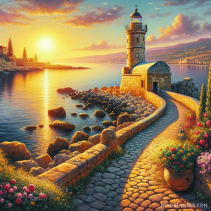 DALLE-2023-10-30-09.43.15---Oil-painting-of-an-ancient-stone-lighthouse-overlooking-a-serene-coastal-bay-at-sunset.-The-golden-light-of-the-setting-sun-reflects-on-the-calm-water