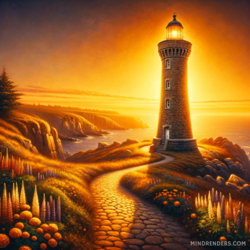 DALLE-2023-10-30-09.43.17---Oil-painting-of-a-towering-stone-lighthouse-on-a-coastal-promontory-during-the-golden-hour-of-sunset.-The-sun-casts-a-warm-radiant-glow-over-the-scen.png