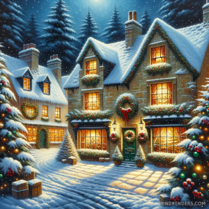 DALLE-2023-10-30-09.43.26---Oil-painting-of-a-quaint-village-square-during-Christmas-time.-Historic-buildings-with-snow-covered-roofs-have-wreaths-hanging-on-their-doors-and-win