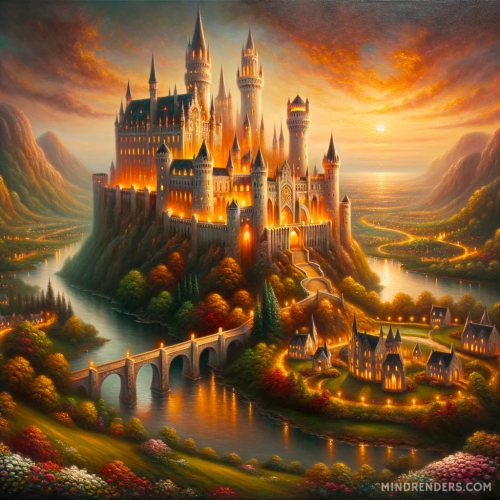 DALLE-2023-10-30-09.54.01---Oil-painting-illustrating-a-magnificent-castle-located-on-gentle-hills-bathed-in-the-amber-light-of-twilight.-Flickering-lights-emanate-from-the-cast.png