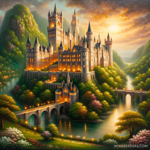 DALL·E 2023 10 30 09.54.09 Oil painting portraying an imposing castle nestled in green hills, kissed