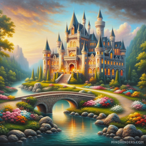 DALL·E 2023 10 30 09.54.52 Oil painting in square resolution, portraying a majestic castle set amids