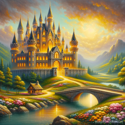 DALL·E 2023 10 30 09.55.09 Oil painting illustrating a fairy tale castle nestled among rolling hills